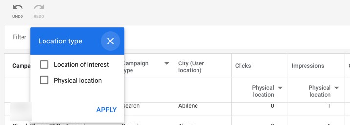 google ads location type